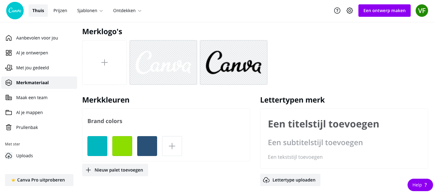 Het scherm Merkmateriaal in Canva met merklogo's, merkkleuren en lettertypen van het merk