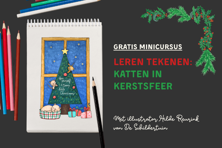 Afbeelding Bij gratis minicursus op Soofos Leren tekenen Katten in kerstsfeer