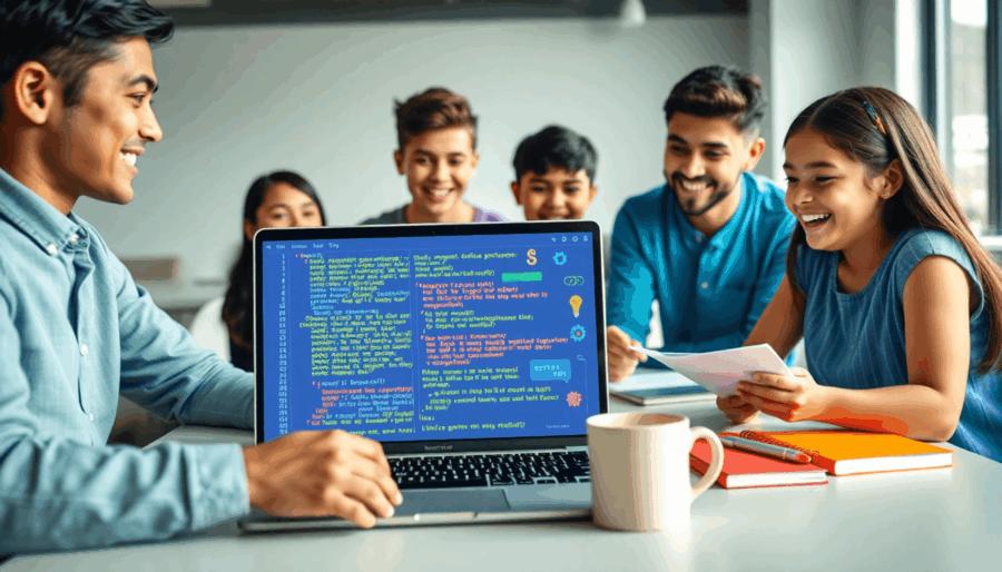 Een heldere werkruimte met een laptop waarop kleurrijke Python-code en pictogrammen te zien zijn, omringd door notitieboekjes, koffie en enthousias...