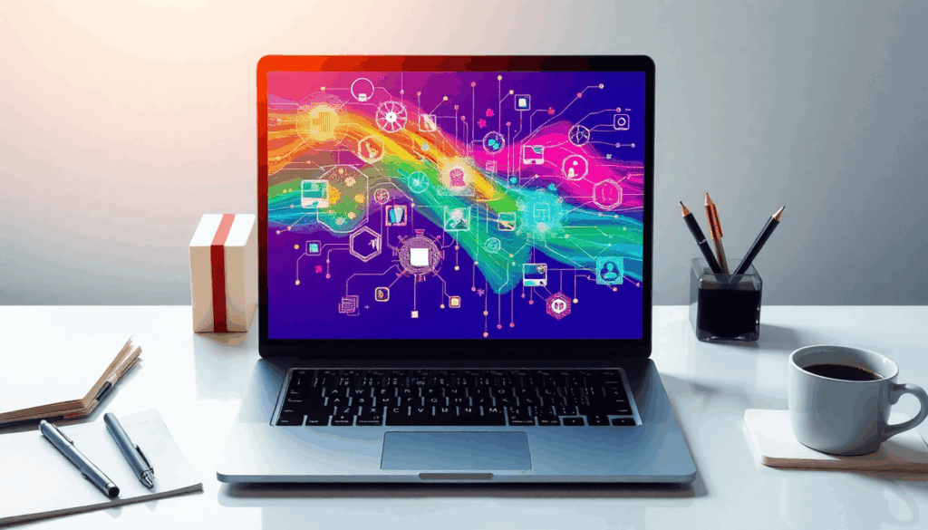 Moderne werkruimte met een laptop die kleurrijke digitale patronen toont, omringd door notitieboekjes, pennen en koffie, die focus en creativiteit ...