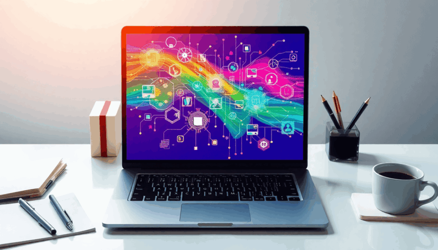 Moderne werkruimte met een laptop die kleurrijke digitale patronen toont, omringd door notitieboekjes, pennen en koffie, die focus en creativiteit ...