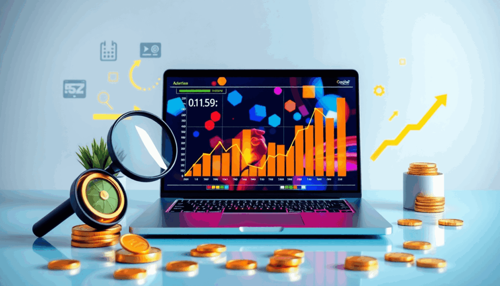 Moderne werkruimte met een laptop waarop kleurrijke digitale marketinggrafieken worden weergegeven, omringd door iconen van een vergrootglas, pijle...