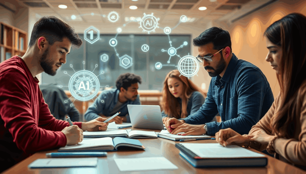 Studenten die rond een tafel samenwerken met notitieboeken en laptops, omringd door gloeiende abstracte AI- en datasymbolen in een heldere, moderne...