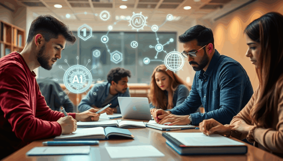 Studenten die rond een tafel samenwerken met notitieboeken en laptops, omringd door gloeiende abstracte AI- en datasymbolen in een heldere, moderne...