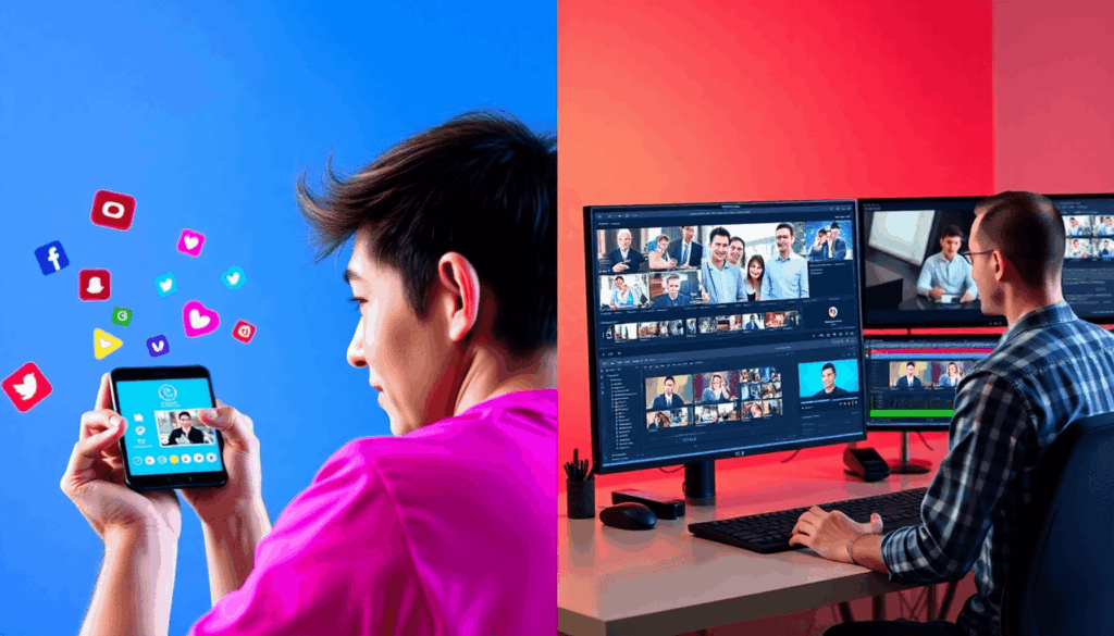 Beeld met gesplitst scherm: aan de ene kant een informele maker die video's bewerkt op zijn smartphone met kleurrijke pictogrammen, aan de andere k...