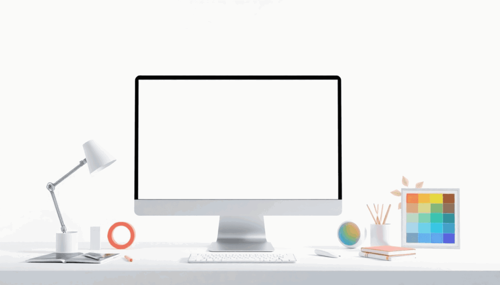 Digitale werkruimte met een leeg ontwerpcanvas, eenvoudige tools en abstracte iconen voor creativiteit en samenwerking op een zachte, verloopachter...