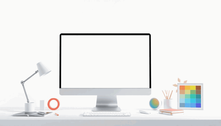 Digitale werkruimte met een leeg ontwerpcanvas, eenvoudige tools en abstracte iconen voor creativiteit en samenwerking op een zachte, verloopachter...