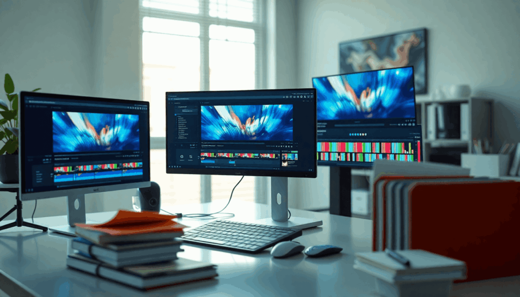 Heldere, moderne werkruimte met een strakke computer waarop kleurrijke videobewerkings-tijdlijnen te zien zijn, georganiseerde mappen en digitale p...