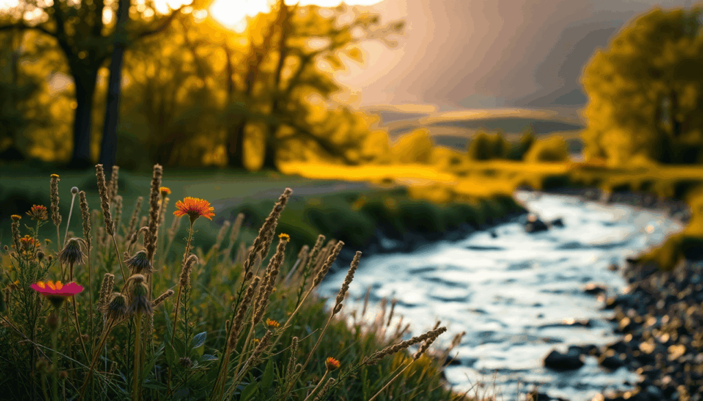 Zonnig bos met scherp afgetekende bloemen op de voorgrond, een kronkelende rivier die leidt naar glooiende heuvels onder het zachte licht van het g...