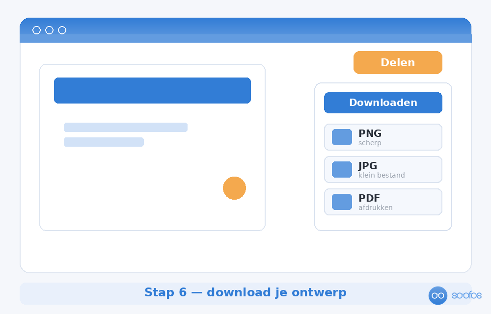 Schematische weergave waarop je in Canva je ontwerp downloadt als PNG, JPG of PDF.
