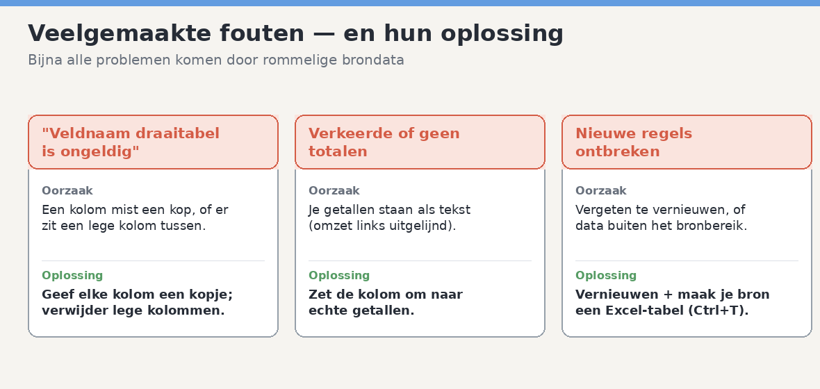Drie veelgemaakte draaitabelfouten met hun oplossing: een ongeldige veldnaam, getallen die als tekst staan en ontbrekende nieuwe regels.