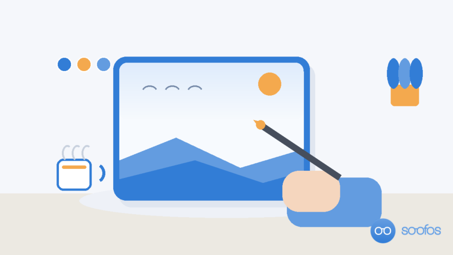 Illustratie in de blauwe huisstijl van Soofos: een hand tekent met een stylus een landschap op een tablet, met een mok koffie, een plantje en kleurstalen ernaast, als beeld voor digitaal tekenen op je iPad.
