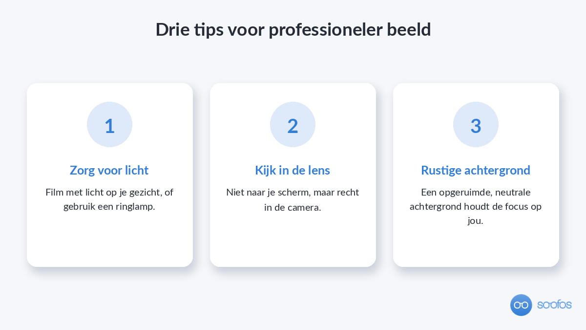 Drie tips voor professioneler beeld: zorg voor licht, kijk in de lens en houd de achtergrond rustig