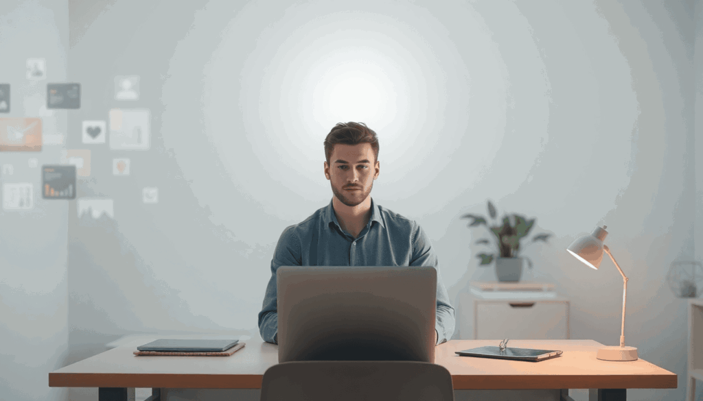 Een persoon geconcentreerd aan een helder verlichte werktafel, met vervagende abstracte afleidingen op de achtergrond, en een duidelijke lichtlijn ...