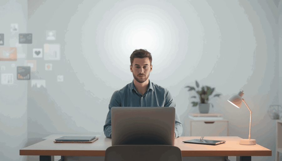 Een persoon geconcentreerd aan een helder verlichte werktafel, met vervagende abstracte afleidingen op de achtergrond, en een duidelijke lichtlijn ...