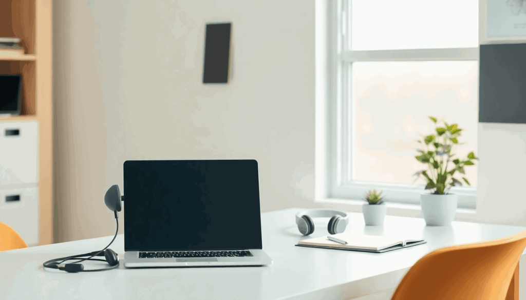 Lichte, rustige studieruimte met een opgeruimd bureau, laptop, koptelefoon, een klein plantje en zacht natuurlijk licht dat zorgt voor een uitnodig...