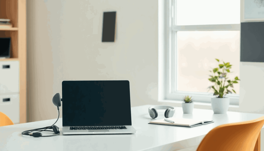 Lichte, rustige studieruimte met een opgeruimd bureau, laptop, koptelefoon, een klein plantje en zacht natuurlijk licht dat zorgt voor een uitnodig...