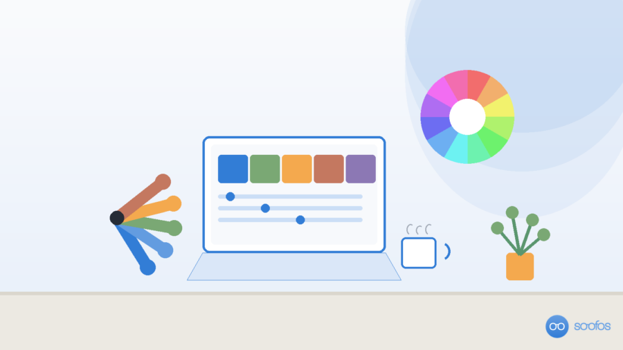 Illustratie van een ontwerper die aan een laptop een kleurenpalet samenstelt, met een kleurenwaaier en een kleurencirkel.