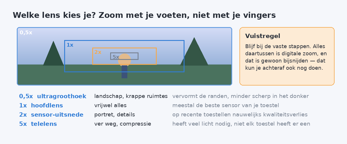 Landschap met vier geneste kaders die de zoomstappen 0,5x, 1x, 2x en 5x tonen, met per stap waar hij goed voor is