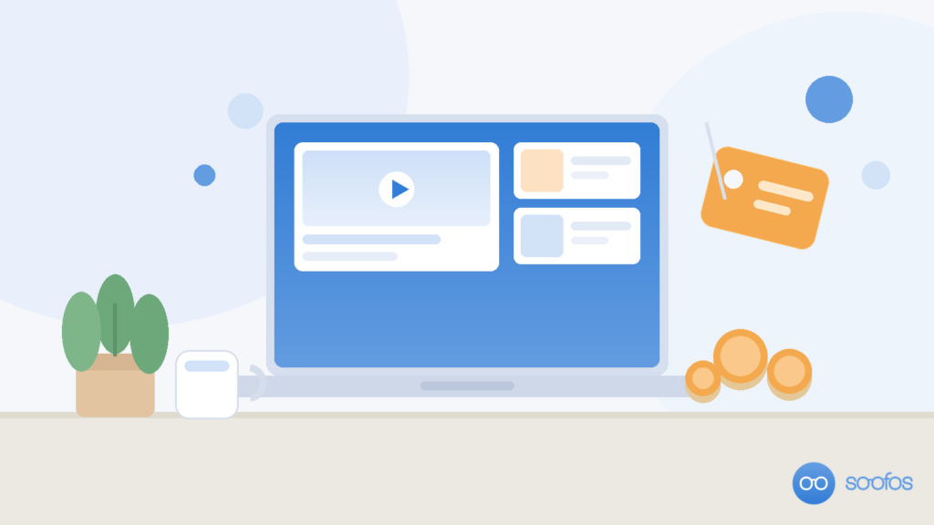 Illustratie van een laptop met een online cursuspagina erop, met een prijskaartje en muntjes ernaast, in Soofos-blauw.