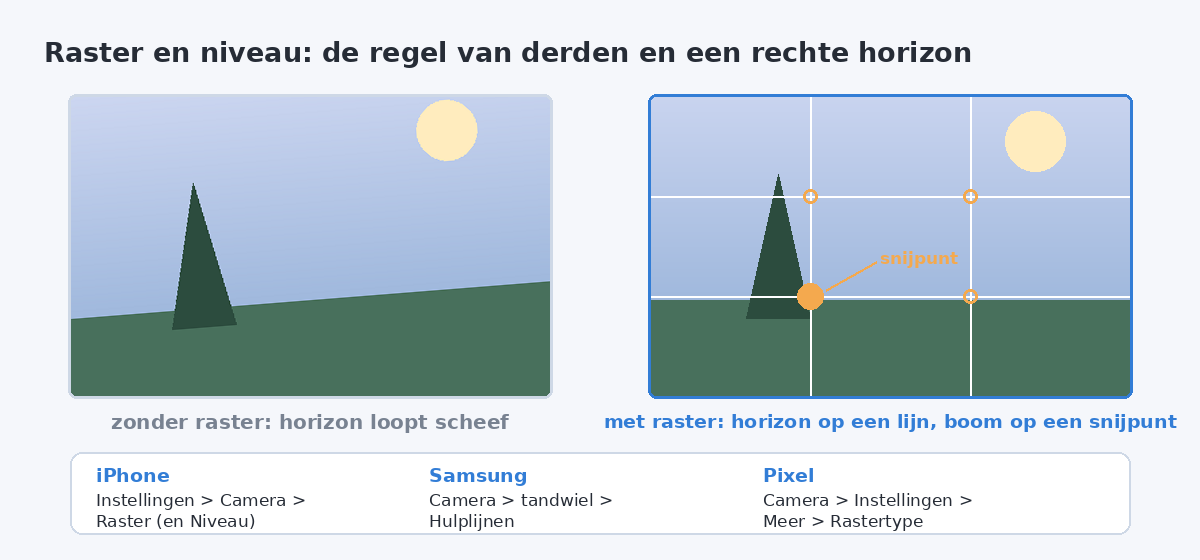 Twee landschapsfoto's naast elkaar: links een scheve horizon zonder raster, rechts hetzelfde beeld met raster waarbij de boom op een snijpunt staat