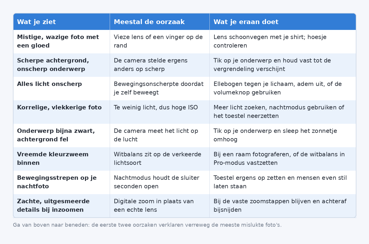 Tabel met acht veelvoorkomende fotoproblemen, de meest waarschijnlijke oorzaak en de oplossing