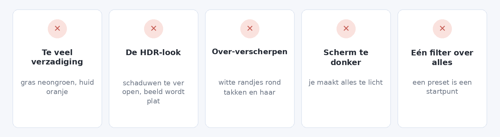 Vijf veelgemaakte fouten bij fotobewerking op de telefoon, van te veel verzadiging tot één filter over alle foto's.
