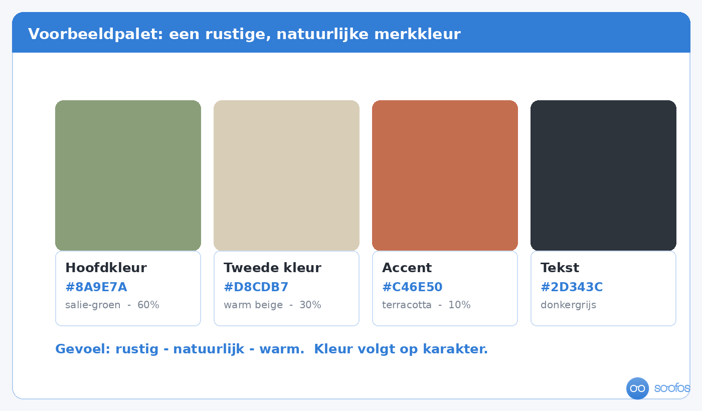 Voorbeeld van een kleurenpalet voor een merk, opgebouwd volgens de 60-30-10-regel.