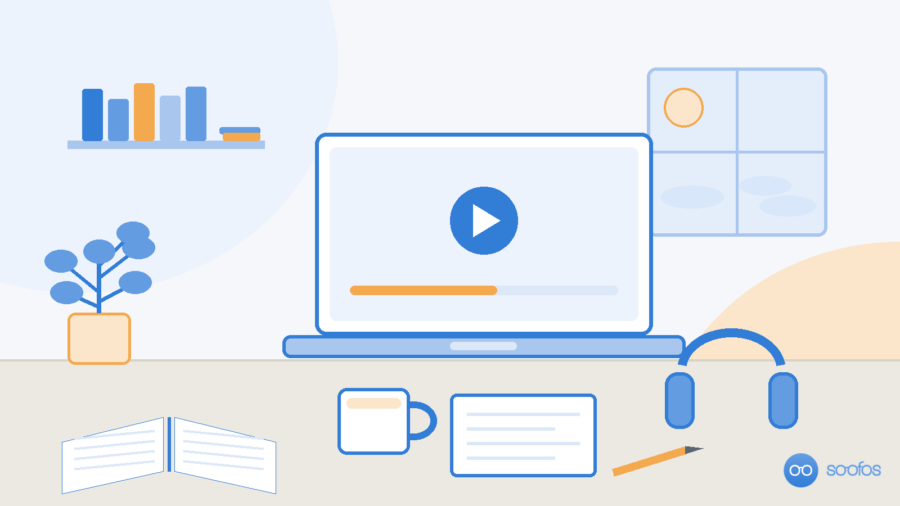 Illustratie van een bureau met een laptop met videoles, een open boek, een koptelefoon en een notitieblok naast elkaar