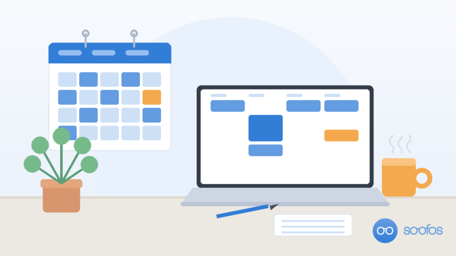 Illustratie van een bureau met een wandkalender, laptop met ingeplande blokken, mok en plant.