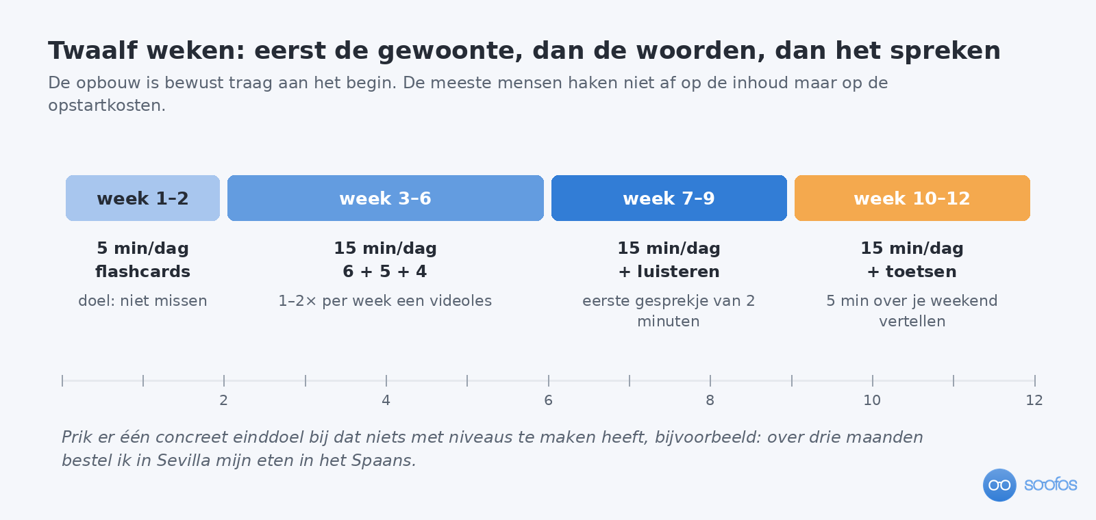 Tijdlijn van twaalf weken in vier blokken: week 1 en 2 vijf minuten per dag flashcards met als doel niet missen, week 3 tot 6 vijftien minuten volgens de indeling zes plus vijf plus vier, week 7 tot 9 vijftien minuten plus luisteren en een eerste gesprekje van twee minuten, en week 10 tot 12 vijftien minuten plus jezelf toetsen.