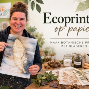 Cursus ecoprinten op papier waarbij botanische prints worden gemaakt met bladeren en natuurlijke materialen.