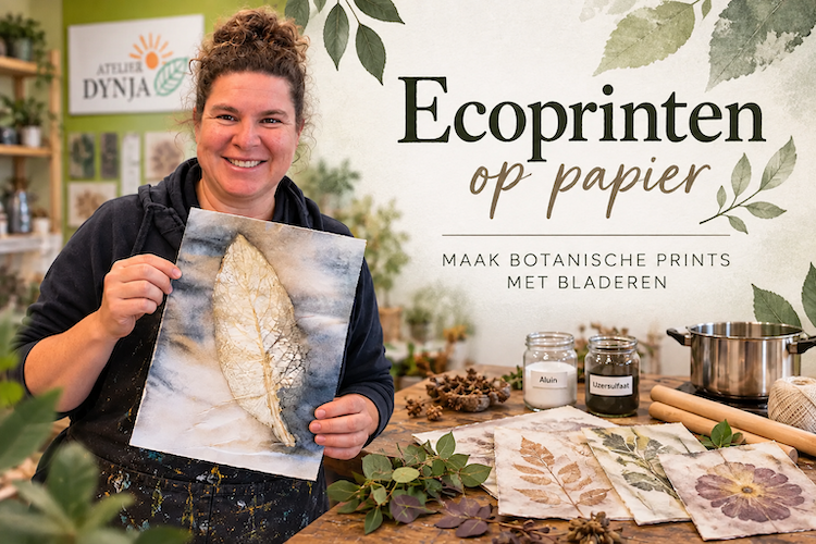 Cursus ecoprinten op papier waarbij botanische prints worden gemaakt met bladeren en natuurlijke materialen.