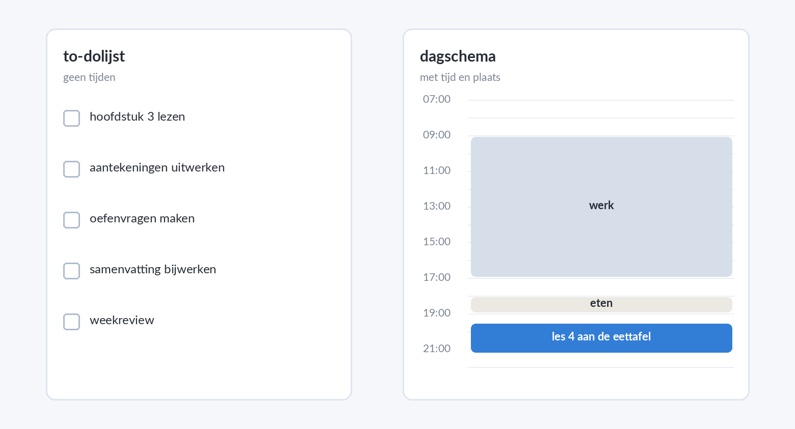 Vergelijking tussen een to-dolijst zonder tijden en dezelfde taken ingeroosterd als tijdblokken in een dagschema.