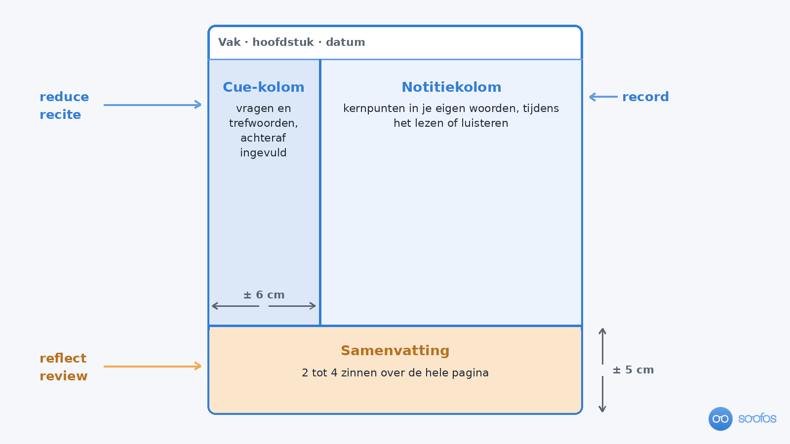 Indeling van een Cornell-pagina: bovenaan vak, hoofdstuk en datum; links een cue-kolom van ongeveer 6 cm voor vragen en trefwoorden; rechts een notitiekolom voor kernpunten; onderaan een samenvattingsvak van ongeveer 5 cm. De stappen record, reduce, recite, reflect en review wijzen naar de bijbehorende vakken.