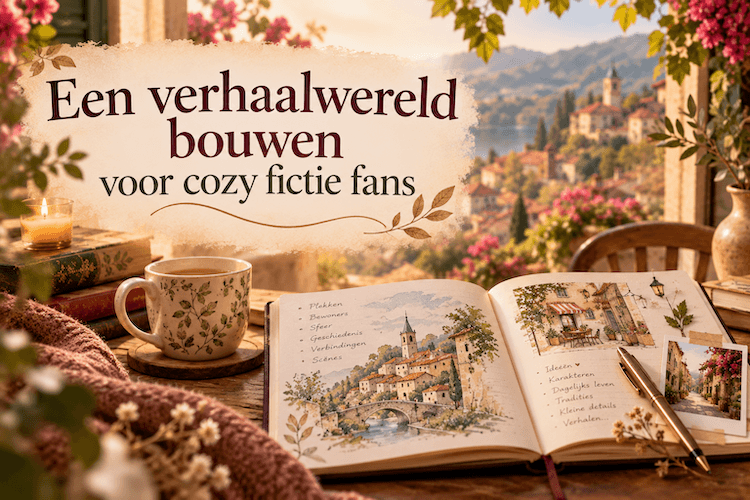 Schrijfplek met open notitieboek en uitzicht op een sfeervol dorp voor de cursus Een verhaalwereld bouwen voor cozy fictie fans.